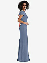 Side View Thumbnail - Larkspur Blue & Desert Rose Puff Cap Sleeve Cutout Tie-Back Trumpet Gown