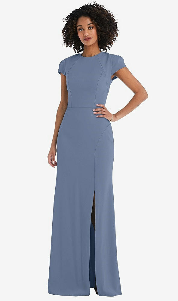 Back View - Larkspur Blue & Desert Rose Puff Cap Sleeve Cutout Tie-Back Trumpet Gown