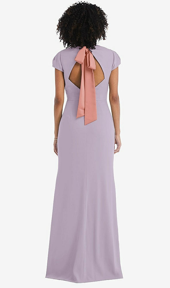 Front View - Lilac Haze & Desert Rose Puff Cap Sleeve Cutout Tie-Back Trumpet Gown