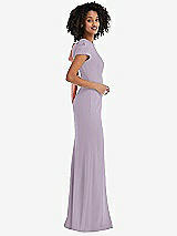 Side View Thumbnail - Lilac Haze & Desert Rose Puff Cap Sleeve Cutout Tie-Back Trumpet Gown