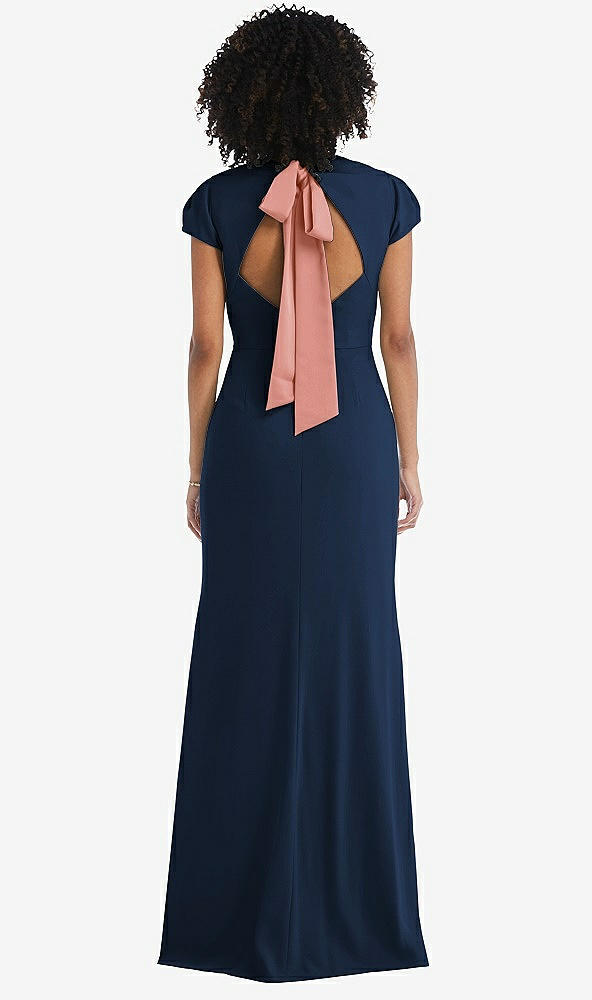 Front View - Midnight Navy & Desert Rose Puff Cap Sleeve Cutout Tie-Back Trumpet Gown