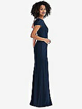 Side View Thumbnail - Midnight Navy & Desert Rose Puff Cap Sleeve Cutout Tie-Back Trumpet Gown