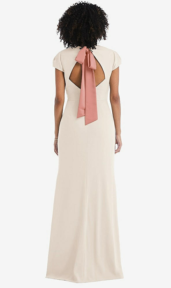 Front View - Oat & Desert Rose Puff Cap Sleeve Cutout Tie-Back Trumpet Gown