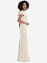 Side View Thumbnail - Oat & Desert Rose Puff Cap Sleeve Cutout Tie-Back Trumpet Gown