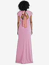 Front View Thumbnail - Powder Pink & Desert Rose Puff Cap Sleeve Cutout Tie-Back Trumpet Gown