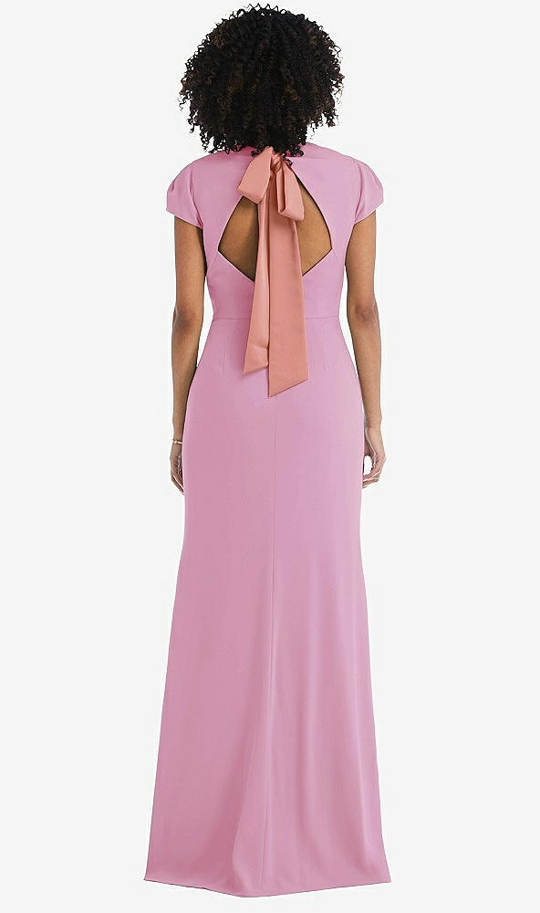 Front View - Powder Pink & Desert Rose Puff Cap Sleeve Cutout Tie-Back Trumpet Gown