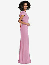 Side View Thumbnail - Powder Pink & Desert Rose Puff Cap Sleeve Cutout Tie-Back Trumpet Gown