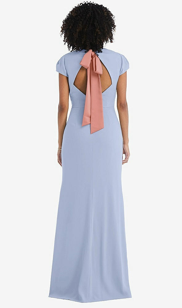 Front View - Sky Blue & Desert Rose Puff Cap Sleeve Cutout Tie-Back Trumpet Gown