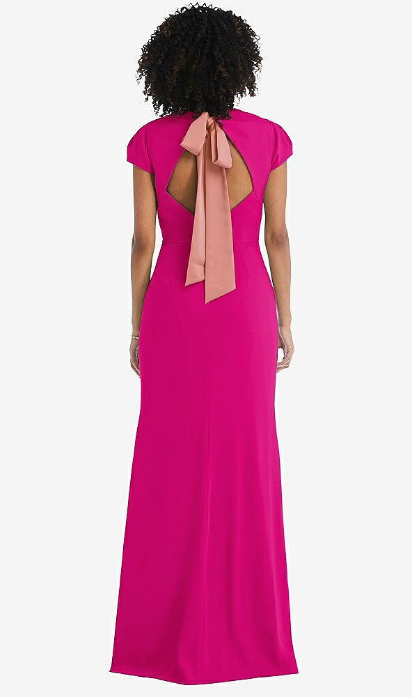 Front View - Think Pink & Desert Rose Puff Cap Sleeve Cutout Tie-Back Trumpet Gown
