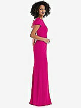 Side View Thumbnail - Think Pink & Desert Rose Puff Cap Sleeve Cutout Tie-Back Trumpet Gown