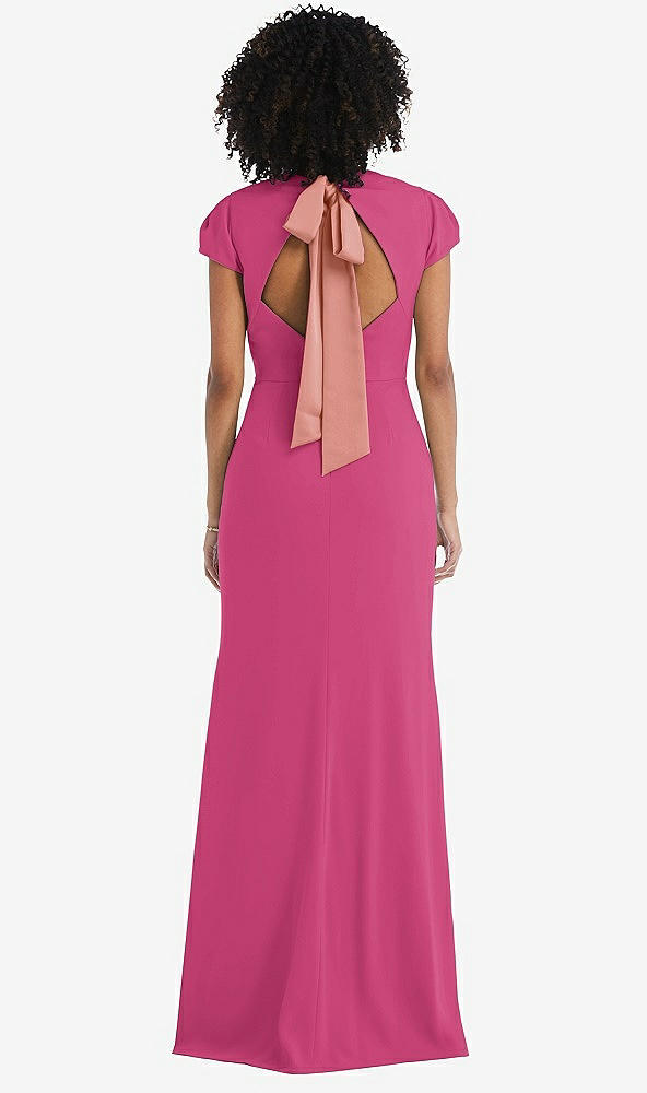 Front View - Tea Rose & Desert Rose Puff Cap Sleeve Cutout Tie-Back Trumpet Gown