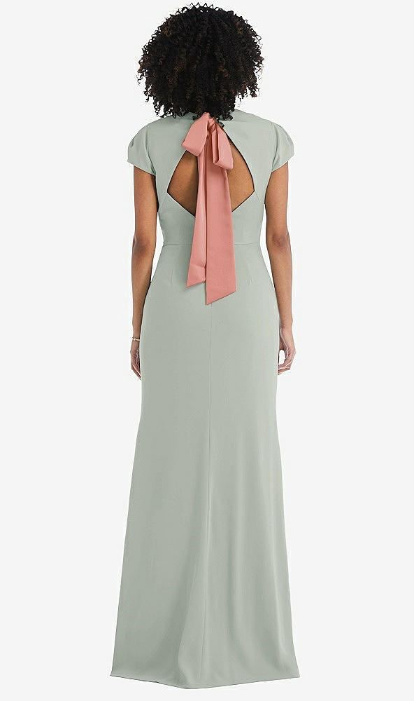 Front View - Willow Green & Desert Rose Puff Cap Sleeve Cutout Tie-Back Trumpet Gown