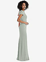Side View Thumbnail - Willow Green & Desert Rose Puff Cap Sleeve Cutout Tie-Back Trumpet Gown