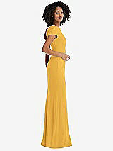 Side View Thumbnail - NYC Yellow & Cabernet Puff Cap Sleeve Cutout Tie-Back Trumpet Gown