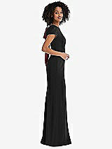 Side View Thumbnail - Black & Cabernet Puff Cap Sleeve Cutout Tie-Back Trumpet Gown