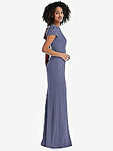 Side View Thumbnail - French Blue & Cabernet Puff Cap Sleeve Cutout Tie-Back Trumpet Gown