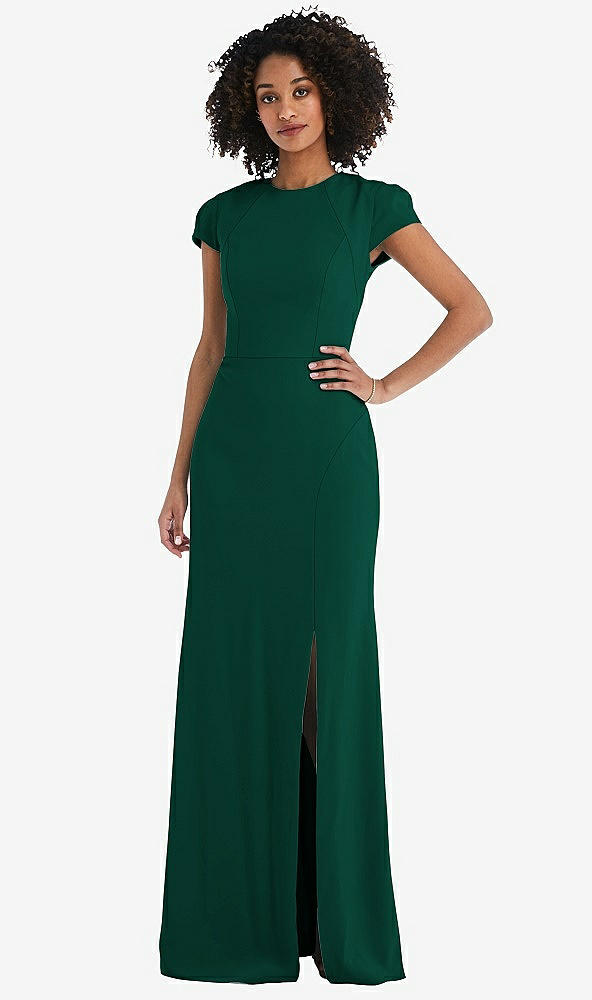 Back View - Hunter Green & Cabernet Puff Cap Sleeve Cutout Tie-Back Trumpet Gown