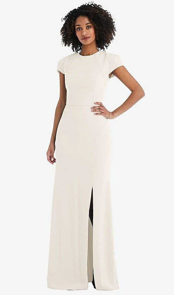 Back View - Ivory & Cabernet Puff Cap Sleeve Cutout Tie-Back Trumpet Gown