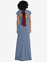 Front View Thumbnail - Larkspur Blue & Cabernet Puff Cap Sleeve Cutout Tie-Back Trumpet Gown