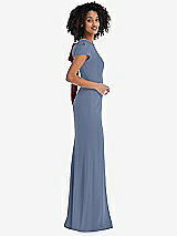 Side View Thumbnail - Larkspur Blue & Cabernet Puff Cap Sleeve Cutout Tie-Back Trumpet Gown