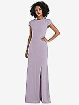 Rear View Thumbnail - Lilac Haze & Cabernet Puff Cap Sleeve Cutout Tie-Back Trumpet Gown