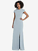 Rear View Thumbnail - Mist & Cabernet Puff Cap Sleeve Cutout Tie-Back Trumpet Gown