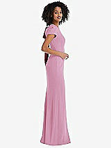 Side View Thumbnail - Powder Pink & Cabernet Puff Cap Sleeve Cutout Tie-Back Trumpet Gown