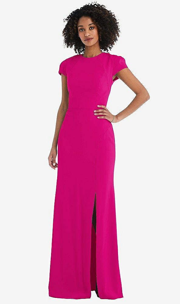 Back View - Think Pink & Cabernet Puff Cap Sleeve Cutout Tie-Back Trumpet Gown