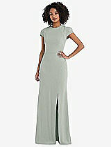 Rear View Thumbnail - Willow Green & Cabernet Puff Cap Sleeve Cutout Tie-Back Trumpet Gown