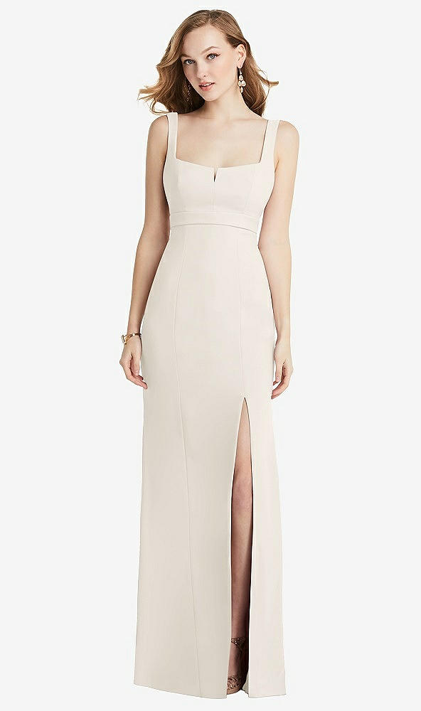 Front View - Ivory Wide Strap Notch Empire Waist Dress with Front Slit