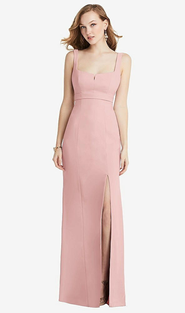 Front View - Rose Wide Strap Notch Empire Waist Dress with Front Slit