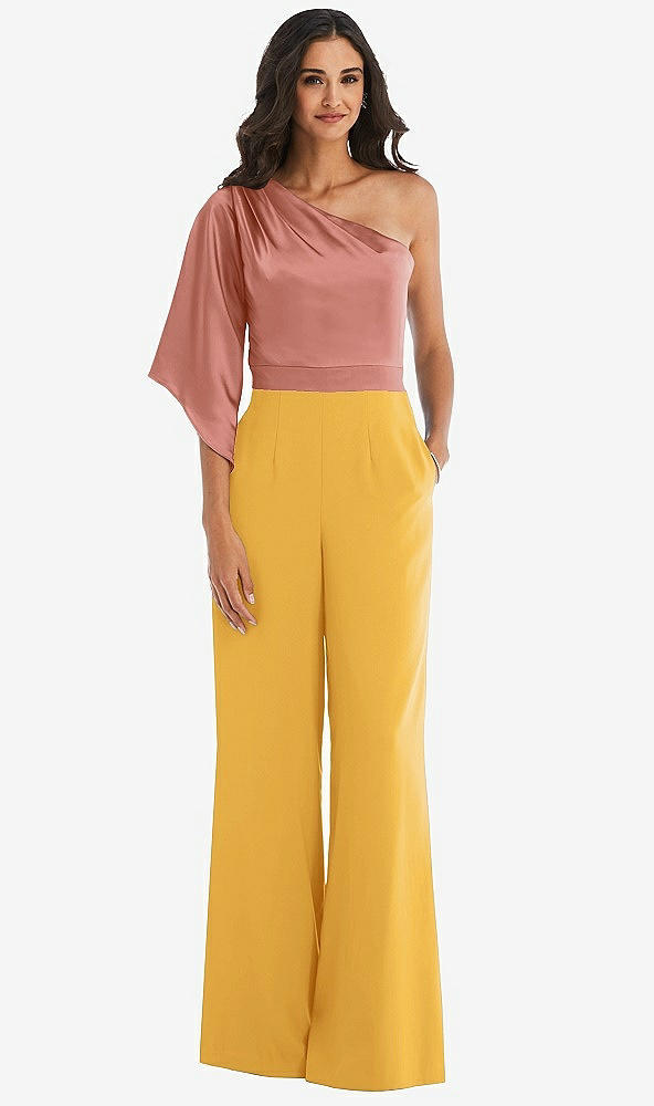 Front View - NYC Yellow & Desert Rose One-Shoulder Bell Sleeve Jumpsuit with Pockets