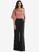 Front View Thumbnail - Black & Desert Rose One-Shoulder Bell Sleeve Jumpsuit with Pockets