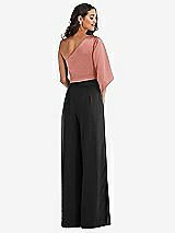 Rear View Thumbnail - Black & Desert Rose One-Shoulder Bell Sleeve Jumpsuit with Pockets