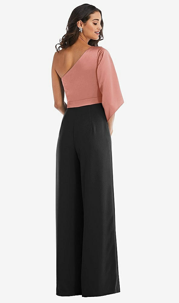 Back View - Black & Desert Rose One-Shoulder Bell Sleeve Jumpsuit with Pockets