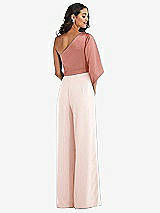 Rear View Thumbnail - Blush & Desert Rose One-Shoulder Bell Sleeve Jumpsuit with Pockets