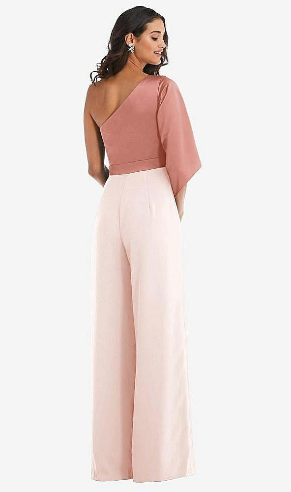 Back View - Blush & Desert Rose One-Shoulder Bell Sleeve Jumpsuit with Pockets