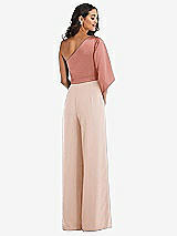 Rear View Thumbnail - Cameo & Desert Rose One-Shoulder Bell Sleeve Jumpsuit with Pockets
