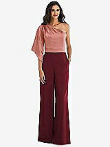 Front View Thumbnail - Cabernet & Desert Rose One-Shoulder Bell Sleeve Jumpsuit with Pockets