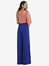 Rear View Thumbnail - Cobalt Blue & Desert Rose One-Shoulder Bell Sleeve Jumpsuit with Pockets