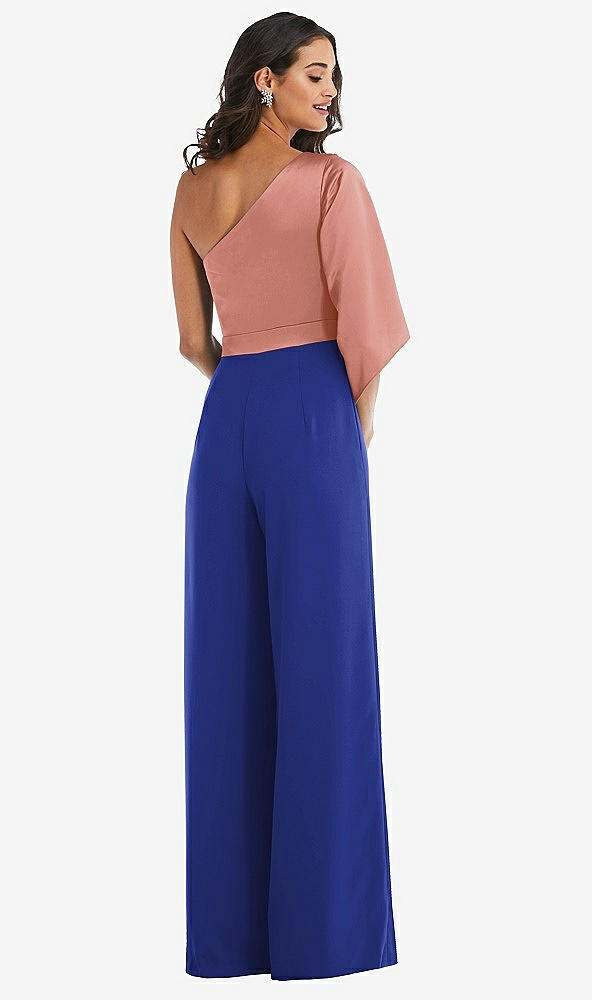 Back View - Cobalt Blue & Desert Rose One-Shoulder Bell Sleeve Jumpsuit with Pockets