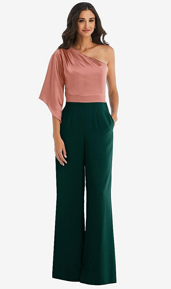Front View - Evergreen & Desert Rose One-Shoulder Bell Sleeve Jumpsuit with Pockets