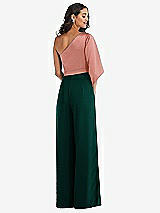 Rear View Thumbnail - Evergreen & Desert Rose One-Shoulder Bell Sleeve Jumpsuit with Pockets