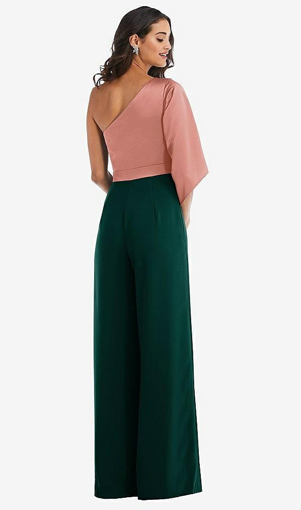 Back View - Evergreen & Desert Rose One-Shoulder Bell Sleeve Jumpsuit with Pockets