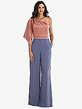 Front View Thumbnail - French Blue & Desert Rose One-Shoulder Bell Sleeve Jumpsuit with Pockets