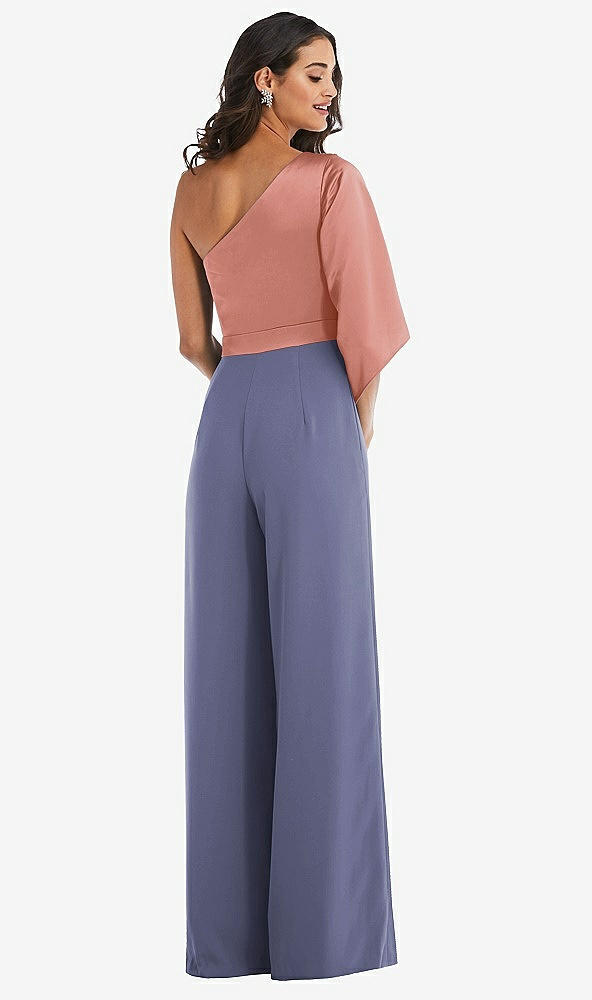 Back View - French Blue & Desert Rose One-Shoulder Bell Sleeve Jumpsuit with Pockets