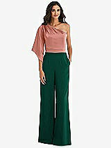 Front View Thumbnail - Hunter Green & Desert Rose One-Shoulder Bell Sleeve Jumpsuit with Pockets