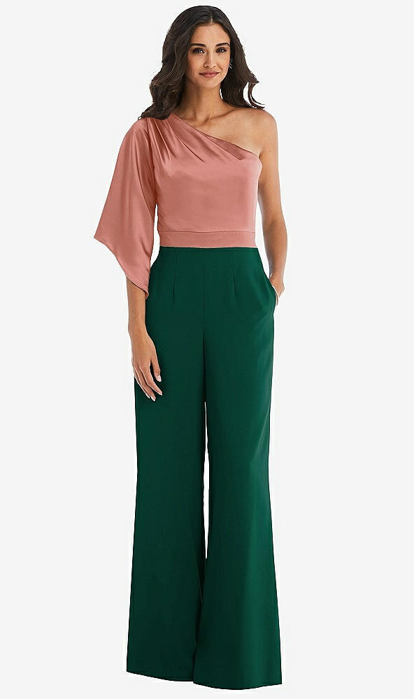 Front View - Hunter Green & Desert Rose One-Shoulder Bell Sleeve Jumpsuit with Pockets