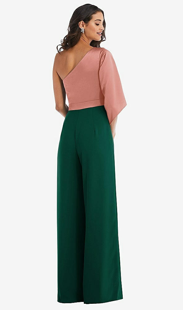 Back View - Hunter Green & Desert Rose One-Shoulder Bell Sleeve Jumpsuit with Pockets