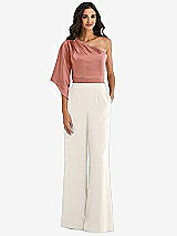 Front View Thumbnail - Ivory & Desert Rose One-Shoulder Bell Sleeve Jumpsuit with Pockets